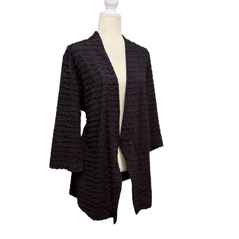 Calessa Cardigan Women L Black Popcorn Textured Open Front Kimono Jacket Stretch